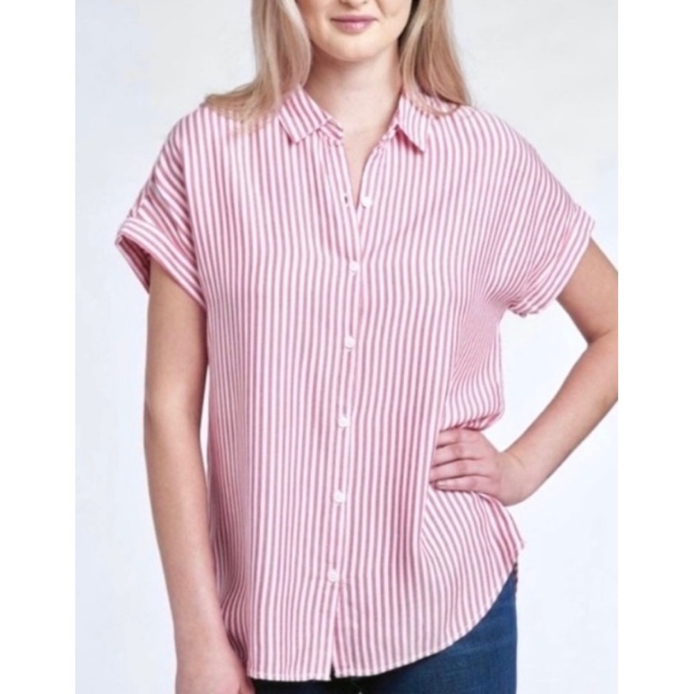 BLL | Pink Candy Cane Stripe Short Sleeve Button Front Collared Tunic Top Shirt